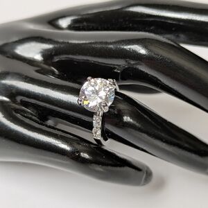 Round Solitaire Faux Diamond Engagement Cocktail Ring in Silver Tone Setting